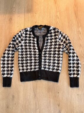 Tulle Black and White Houndstooth Fuzzy Cardigan